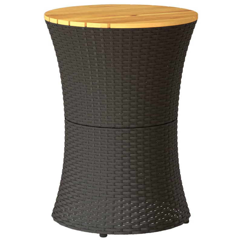 Patio Side Table Drum Shape Poly Rattan And Solid Wood, Black
