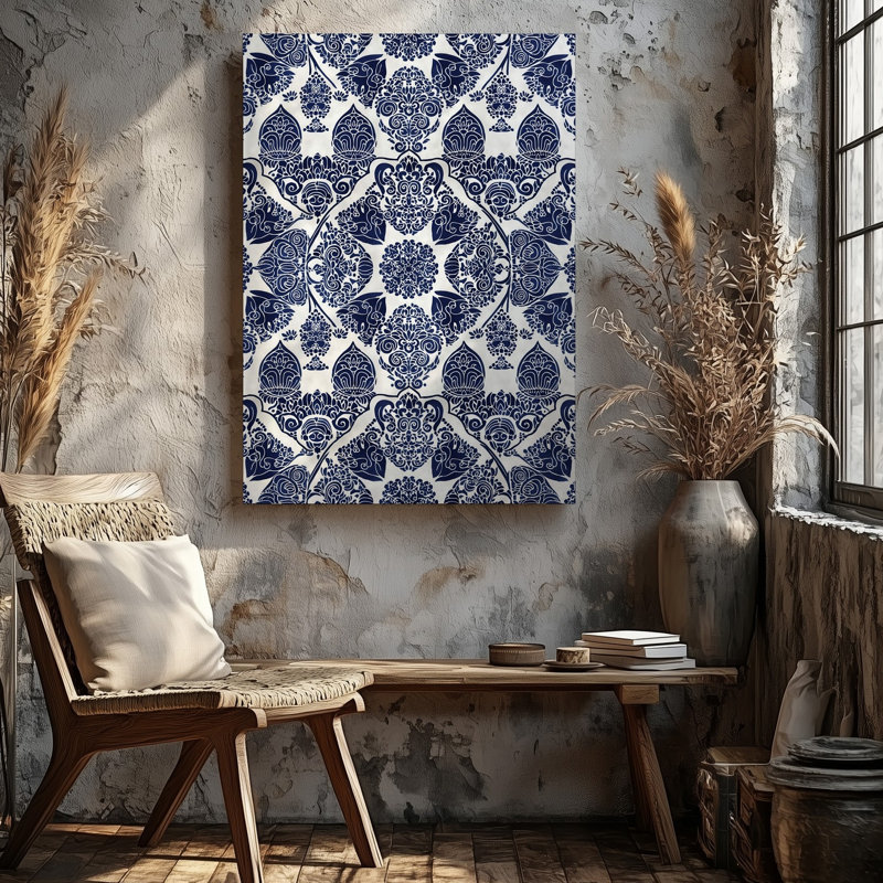Toile d'un motif sans soudure d'inspiration marocaine détaillée avec art mural tourbillonnant complexe et motifs géométriques dans une toile marine foncé