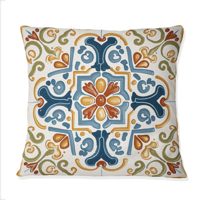 Mediterranean Tiles In Retro Blue II - Abstract Tile Printed Throw Pillow