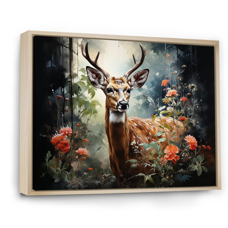 Brun et rose, cerf dans la forêt sauvage - Art mural animal cerf, Cadre flottant brun, H 34 po x l 44 po x P 1,5 po