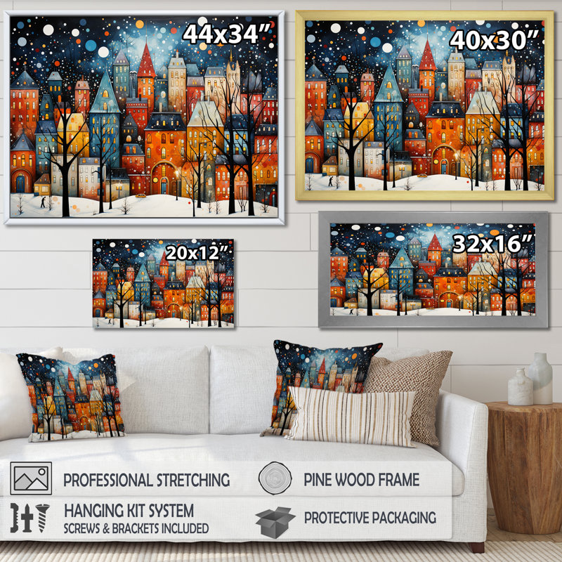 Orange orange Village Art déco - Art mural déco ville, Cadre flottant doré, H 24 po x l 32 po x P 1 po
