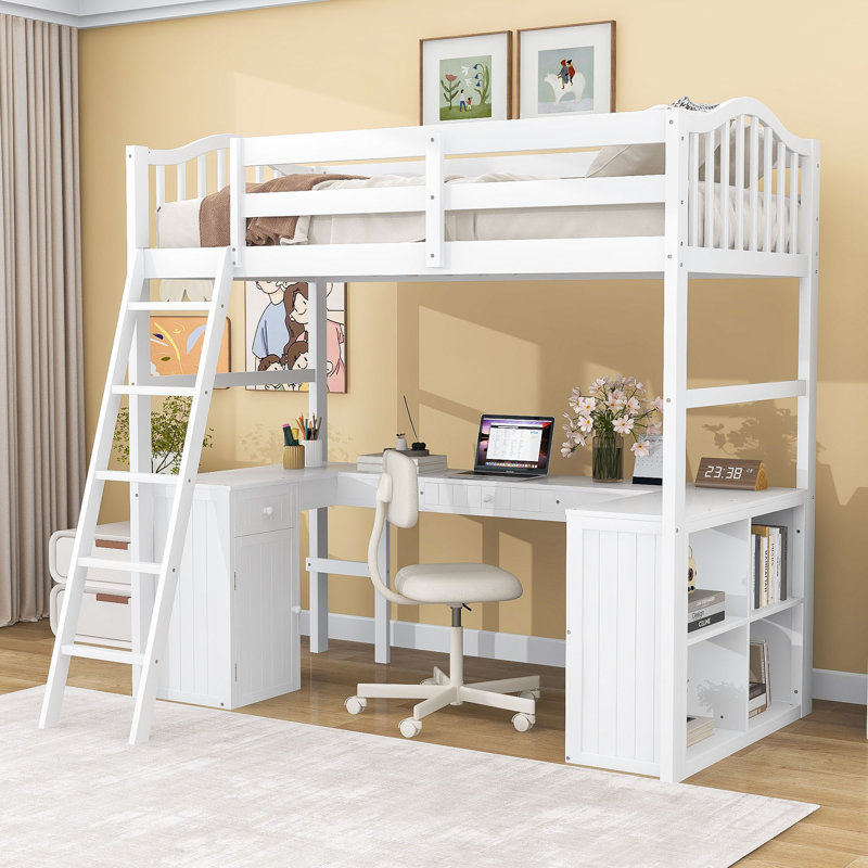 Edmea Kids Twin Loft Bed with Drawers, White