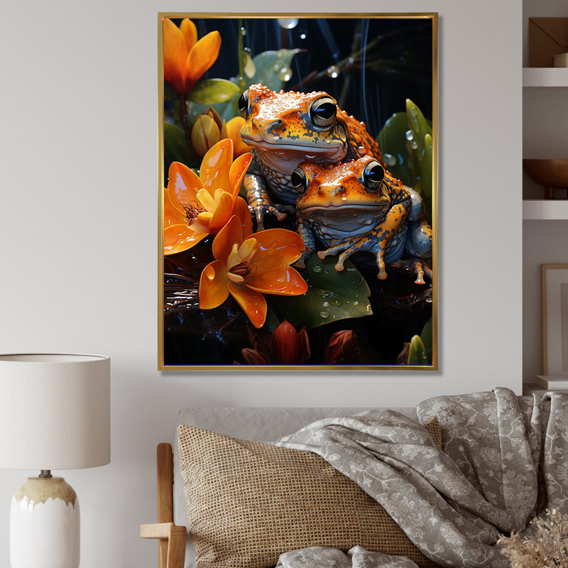 «Orange Frogs on Glass Effect», reproduction sur toile, Cadre flottant doré, H 44 po x l 34 po x P 1,5 po