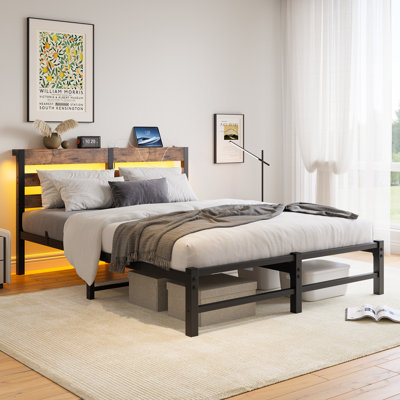 Queen Size Metal Bed Frame With Wooden Headboard, RGB Lights, Charger, Storage Shelf, Noise-Free, No Box Spring Needed, by Trule