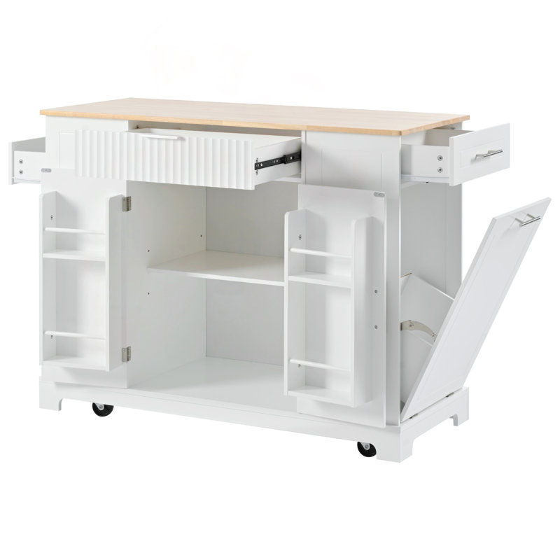Fluted Kitchen Island with Trash Can Storage, Power Outlet & Internal Storage Rack (White), White