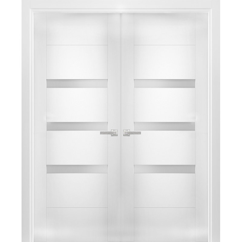 Solid French Double Doors Opaque Glass Sete 6900 White Silk Wood Solid Panel Frame Closet Bedroom Modern Doors 36" x 80"