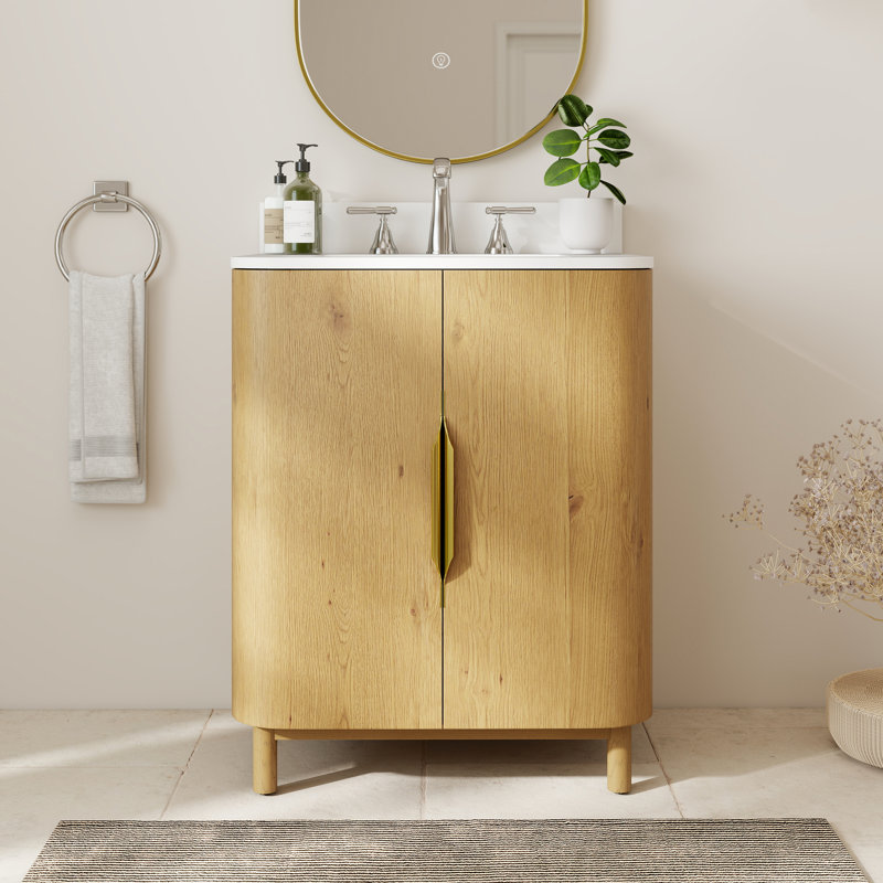 Ensemble de meuble-lavabo moderne 28 po à double porte en bois massif avec lavabo encastré, Oak
