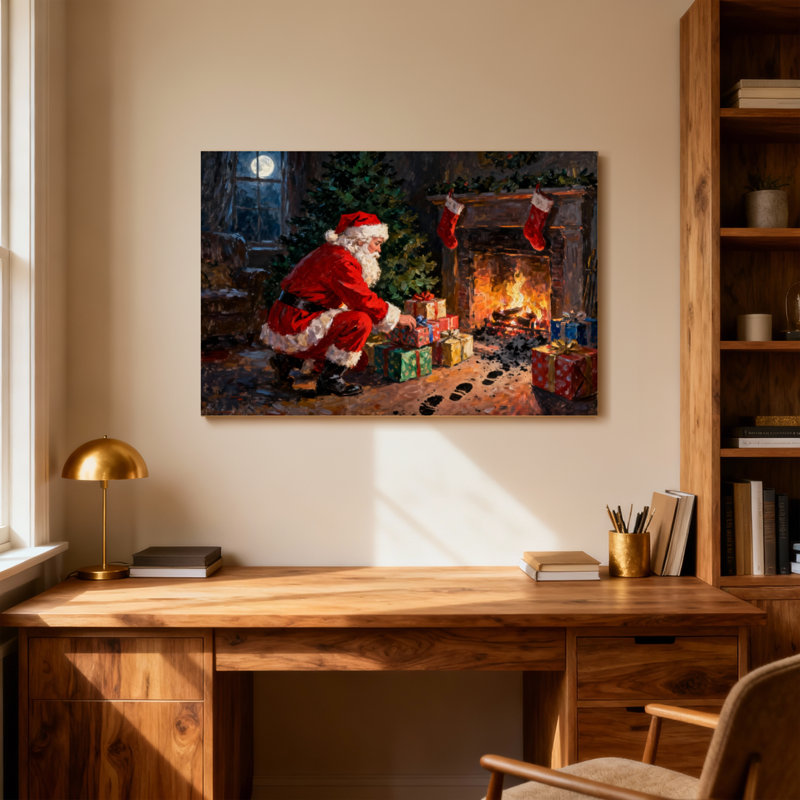 Père Noël de Noël au coin du feu avec des cadeaux, H 16 po x l 24 po