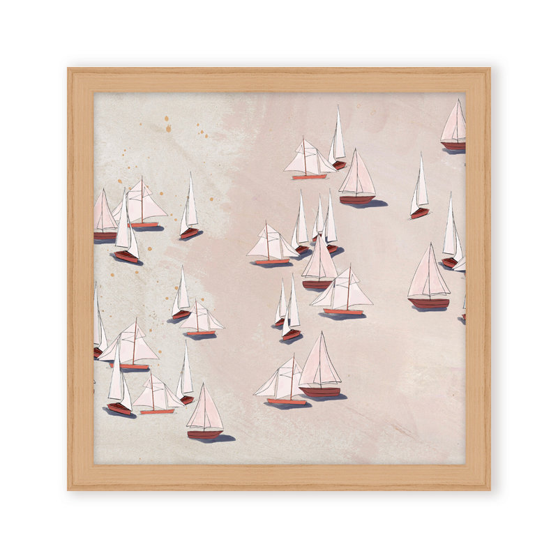 Coastal Retreat Modern Ensemble: Sailboat Odyssey, Beige, Framed Matted Print, 16" H x 16" W