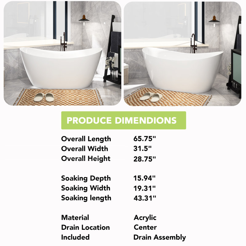 66'' x 31.5'' Soaking Acrylic Bathtub
