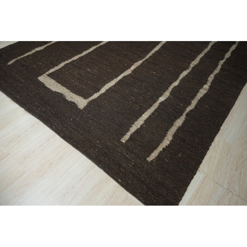 Brown Handwoven Wool Linear Frame Motif Geometric Modern Contemporary Carpet Rug, 8' x 10'