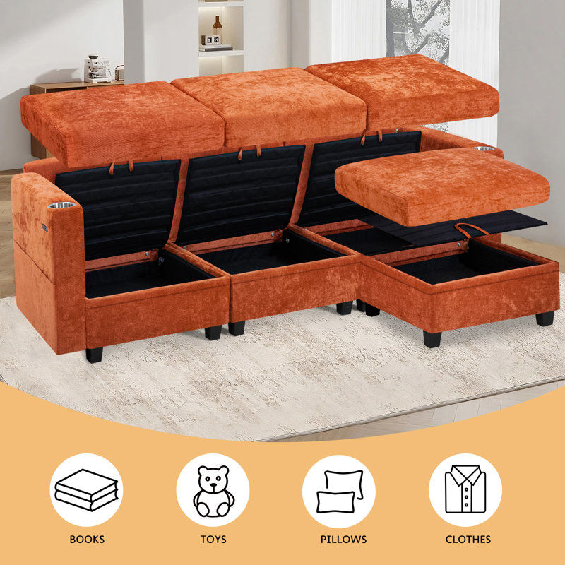 86" Chenille Modular Sofa with USB & Storage, L-Shape