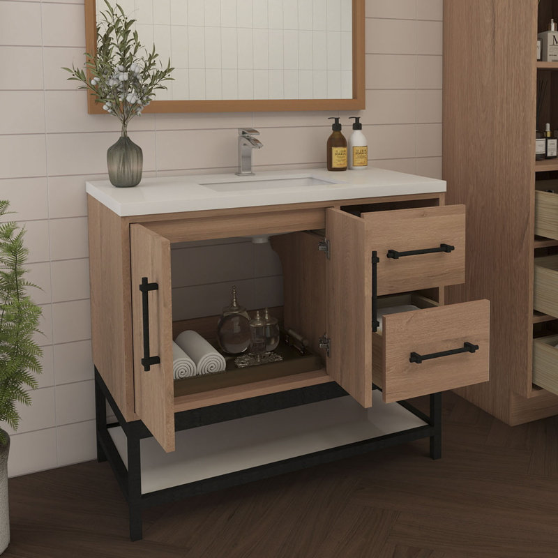 Meuble-lavabo mural droit avec évier et support en acrylique renforcé Victoria, Chêne rouge
