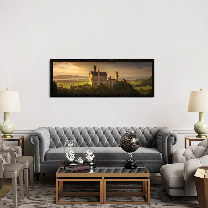 Neuschwanstein 1 Piece Panoramic Wall Art on Canvas, 50.8cm H x 152.4cm W x 3.81cm D, Black Floater Framed