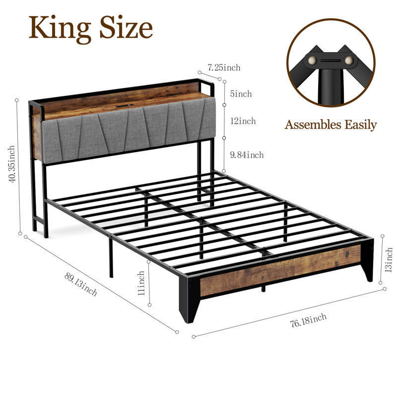 Jarl Upholstered Bed with Headboard Hidden Cabinet, King