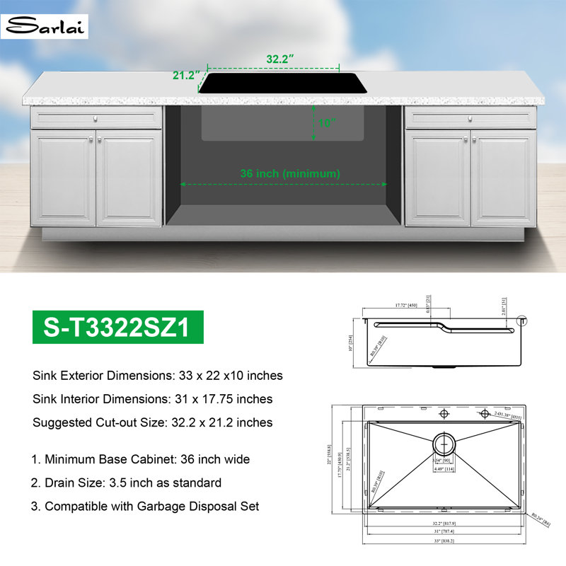 Évier de cuisine à simple cuve à montage sur plan en acier inoxydable avec rebord en forme de Z 33 po L x 22 po