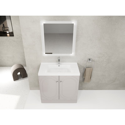36" Bathroom Cabinet With White Resin Basin. 2 Soft-Close Doors, Modern Design. Ample Storage, Sink, Smooth Hinges, Fashionable Metal Handles. Plywood, Khaki. Unassembled Freestanding Dresser Sink.