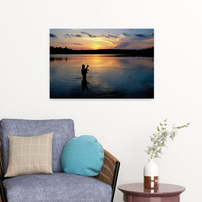 Fly-Fisherman Silhouetted By Sunrise Mauthe Lake Kettle Moraine State Forest Wisconsin Usa. Peaceful Abstract Contemporary Fly Forest Nature Art
