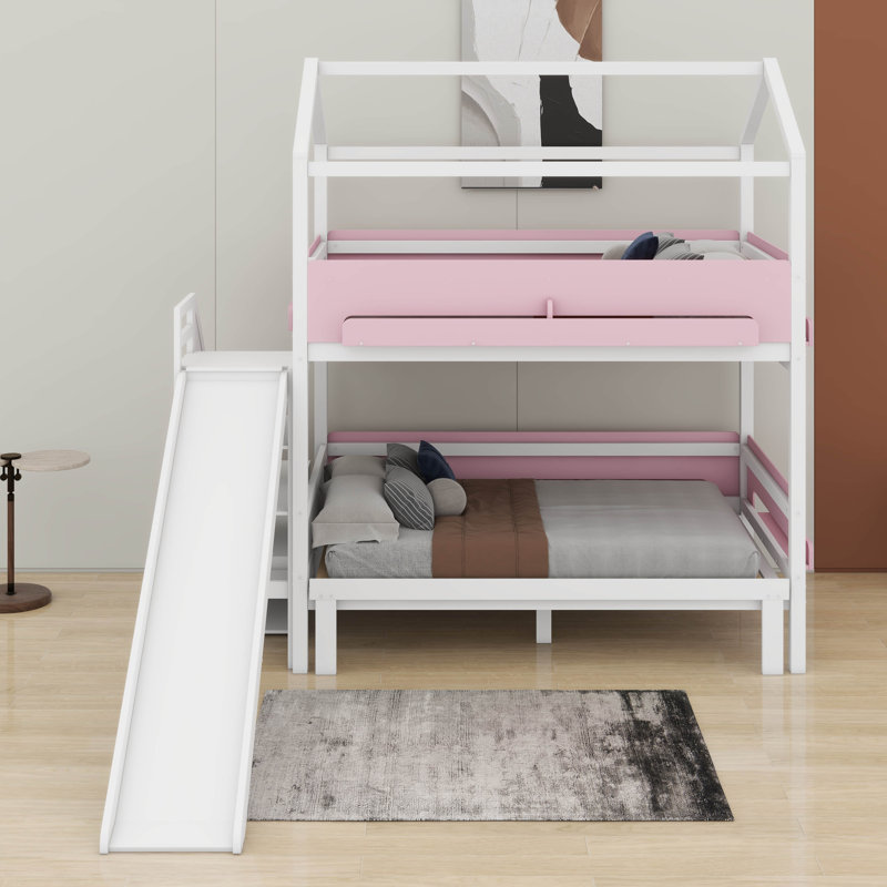 House-Shaped Bunk Bed With Slide And Storage Staircase, Wooden Bunk Bed Frame With Guardrails With Display Shelves