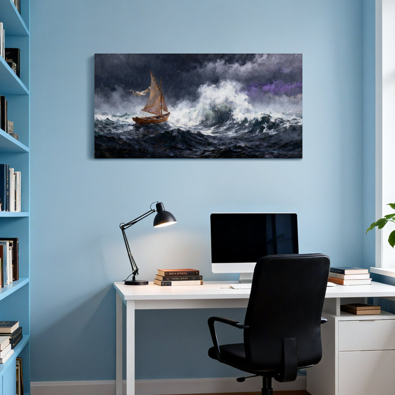 Nautique et plage, mer orageuse, voilier, vagues, ciel sombre, pluie, bateau à vent, H 20 po x l 40 po