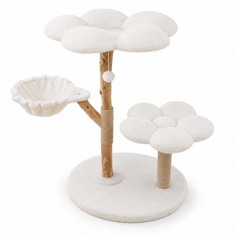 Arbre à chat moderne en forme de fleur avec poteaux en bois naturel, tour de chat stable avec poteaux à griffer en jute et molleton doux, conception à plusieurs niveaux