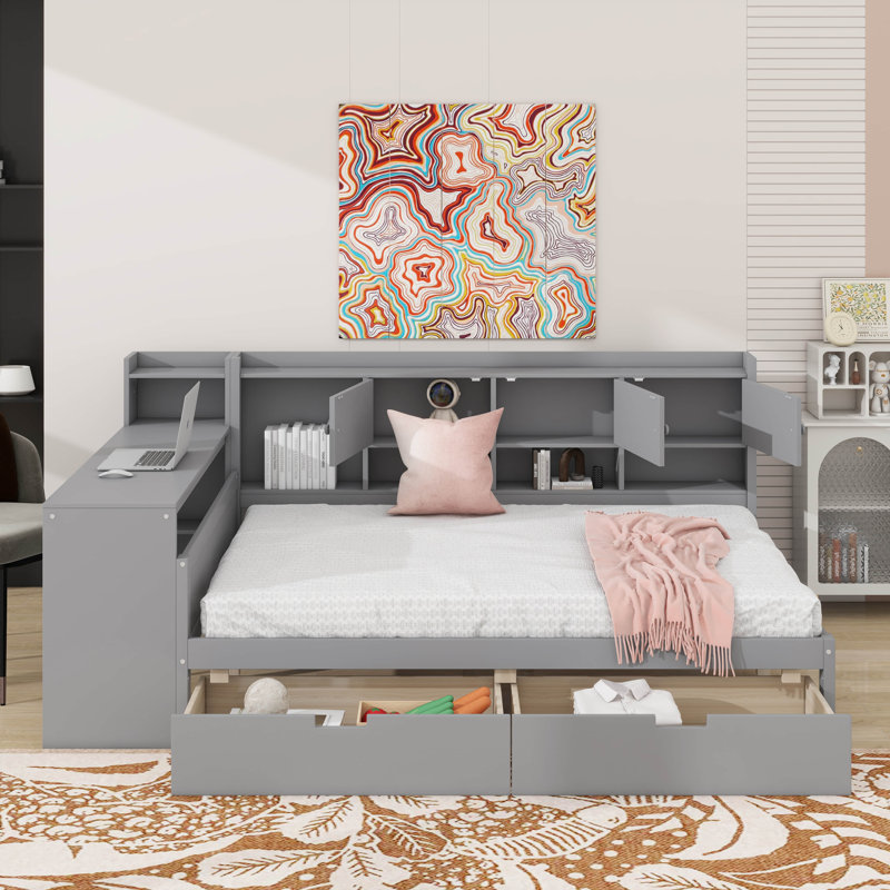 Full Size Daybed With 2 Drawers And Cabinets Shelves, Storage Bookcase, Built-In Removable Desk