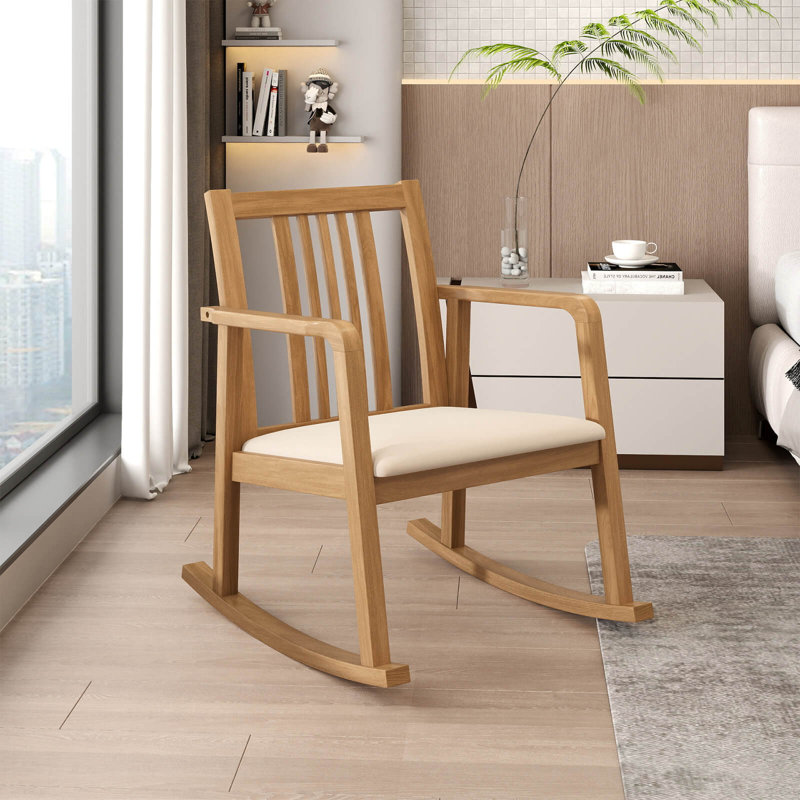 1 chaise berçante PCS avec assise rembourrée, dossier à lattes et accoudoirs courbés pour le salon, Naturel, Beige