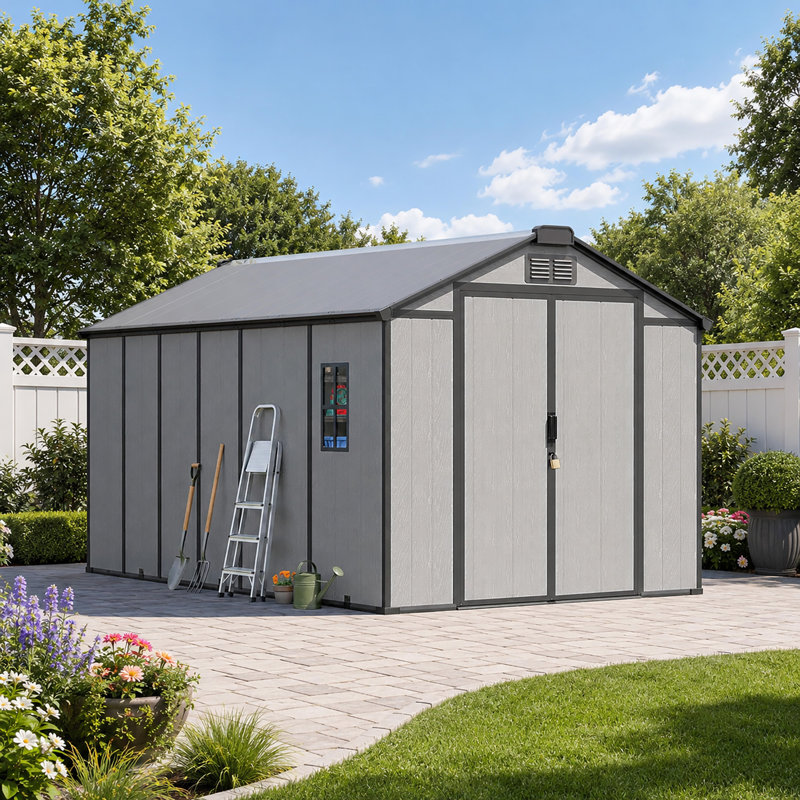 Abri de jardin en résine 2,4 x 4,3 m avec plancher et double porte, abri extérieur en plastique avec fenêtre, gris