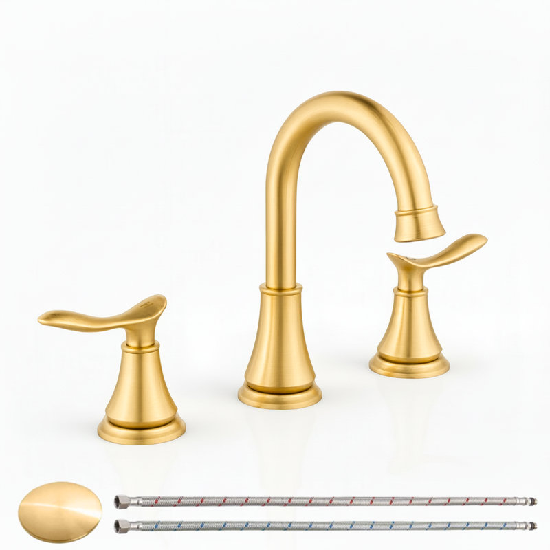 Brushed Gold High Arc Widespread Bathroom Faucet With Pop-Up Drain Assembly & Supply Hoses, Brushed Gold