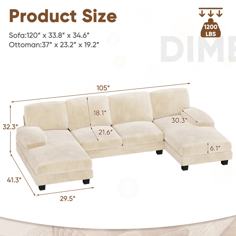 104.9" U-shaped Sofa Couch With 4 Seats, Comfortable Modern Sectional Sofa With Double Chaises, Beige Corduroy