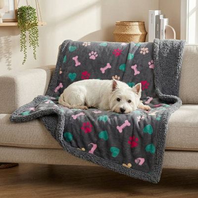 Water-Resistant Pet Blanket for Couches, Sofas & Beds, Blocks Cat Urine & Liquids, Machine Washable, Soft & Fluffy, Large Size for Dogs, Reversible Furniture Protector for Puppies, Grey Bone Pattern, Thicker Material, Small 40"x28"