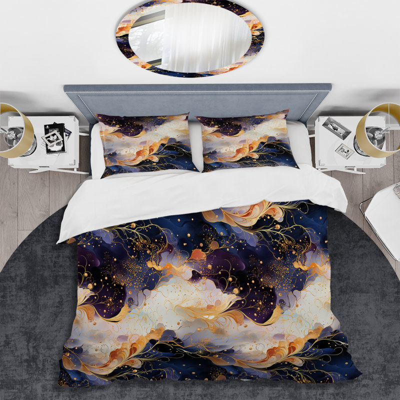 Ensemble de housse de couette Gold Cosmic Intrigue Marble Mirage I, Housse de couette pour très grand lit et 2 très