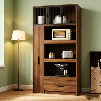 Armoire de cuisine de 70,87 po de hauteur avec tablette de rangement coulissante multi-fonctionnelle multi-niveaux, 1 tiroir, avec porte en verre à cadre en aluminium, cloche à nourriture autoportante avec support à micro-ondes pour salle à manger