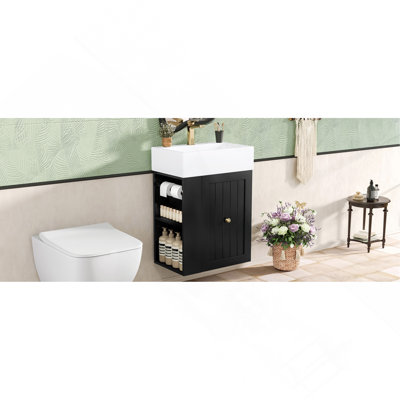 20-Inch Bathroom Vanity with Ceramic Sink, MDF Storage Cabinet with Drawer, Side Shelf & Golden Handle – Space-Saving Modern Vanity for Small Bathrooms
