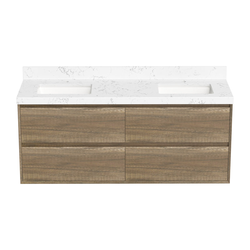 Wall-Mounted Bath Vanity With Engineered Marble Top, Antique Oak, 60"