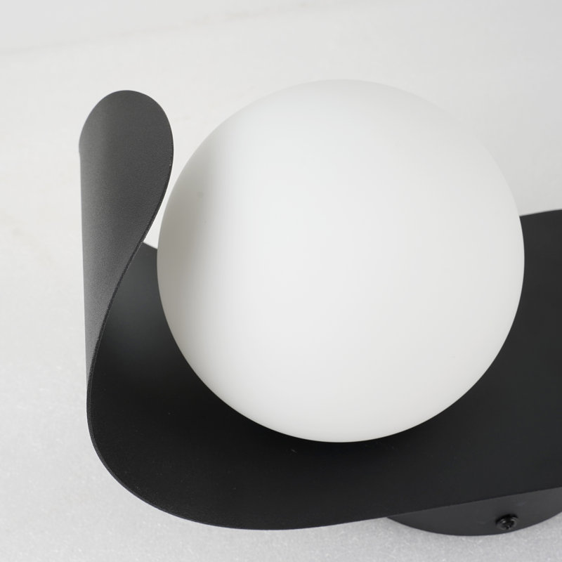 Contemporary Nordic Minimalist Cute Wall Lamp With Curved Metal Base And Glass Globe Shade Modern Black Sconce For Pathway, Corridor, Hallway, Stairs