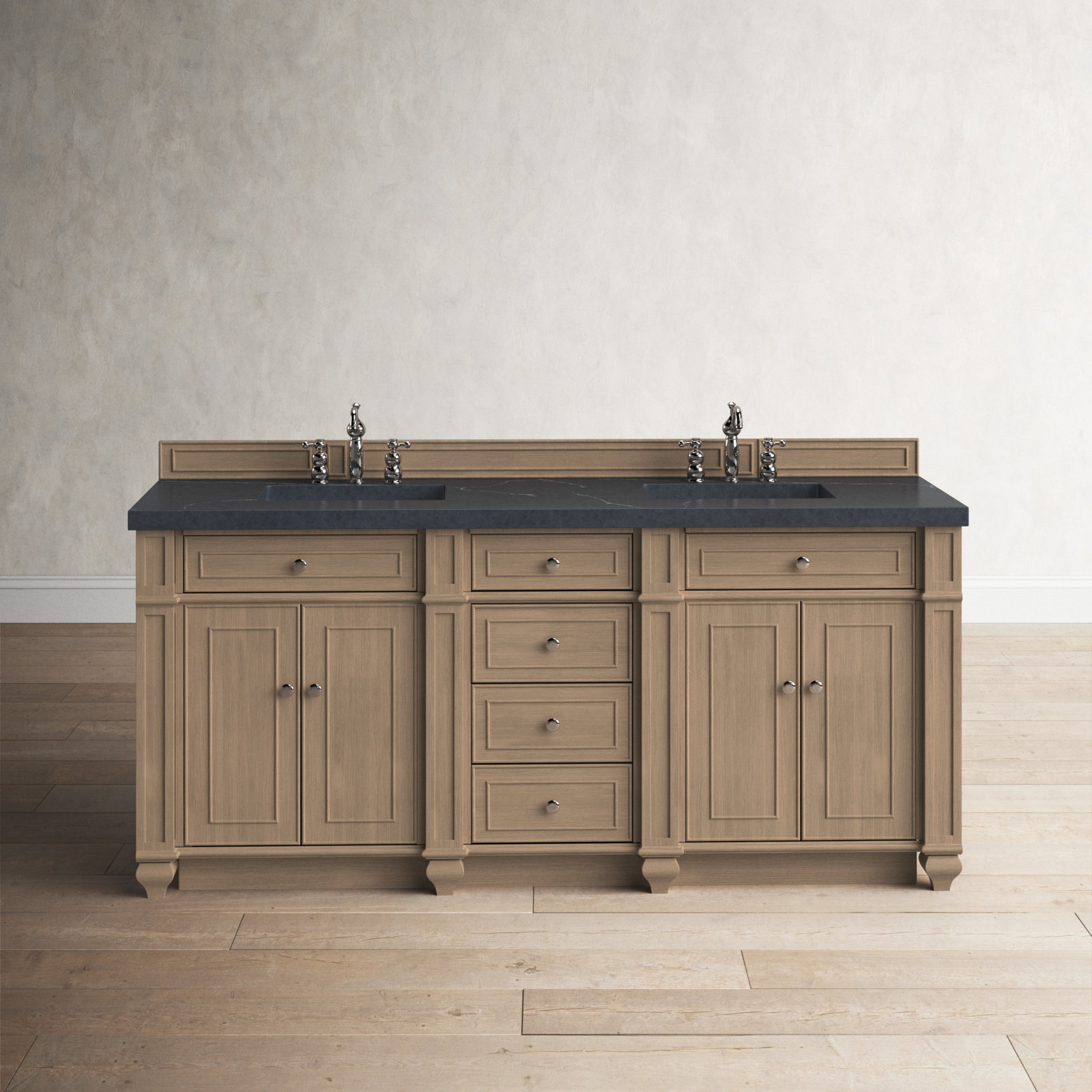 Bristol 72'' W Double Vanity, Whitewashed Walnut, Carrara White, 8" Widespread