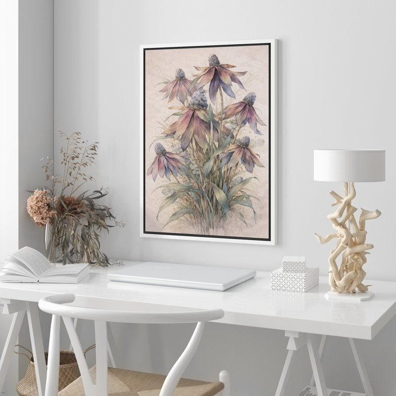 «Pastel Coneflower Botanical Garden Floral Decor», reproduction d'art sur toile encadrée, H 24 po x l 16 po x P 1,5 po, Blanc