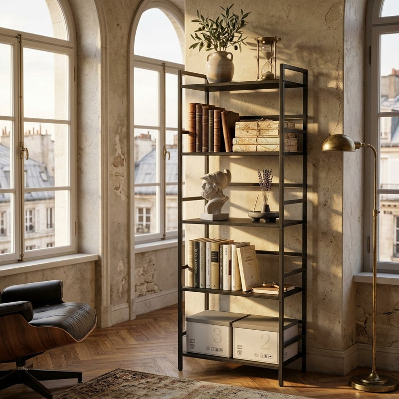 5-Tier Industrial Black Bookcase with Open Metal & Wood Shelves