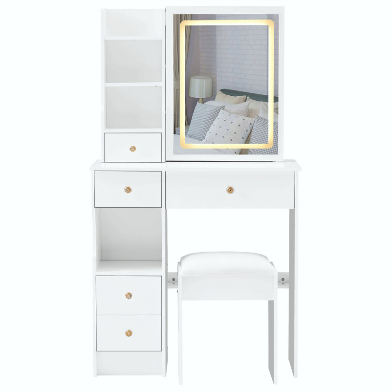 29.2" Small Size Left Drawer Desktop Vanity Table + Cushioned Stool, Large Sliding, Touch Control, Tri-Color Switching, Brightness Adjust Led Mirror, High Capacity Storage, Suitable For Small Space