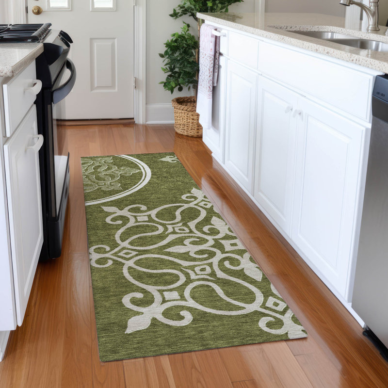 Tapis olive Prisco lavable à la machine de qualité supérieure, Tapis de couloir 2 pi 3 po x 7 pi 6 po