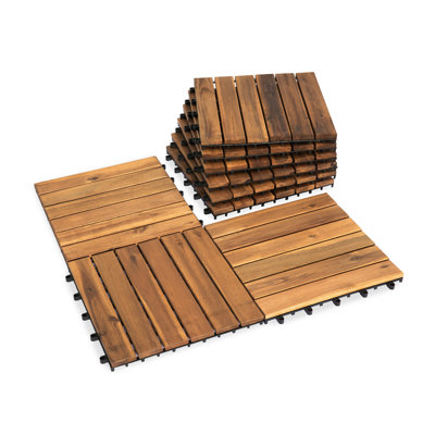 Round Joint Acacia Wood Deck Tiles, 6-Slat Interlocking Design for Indoor & Outdoor (Set of 27)