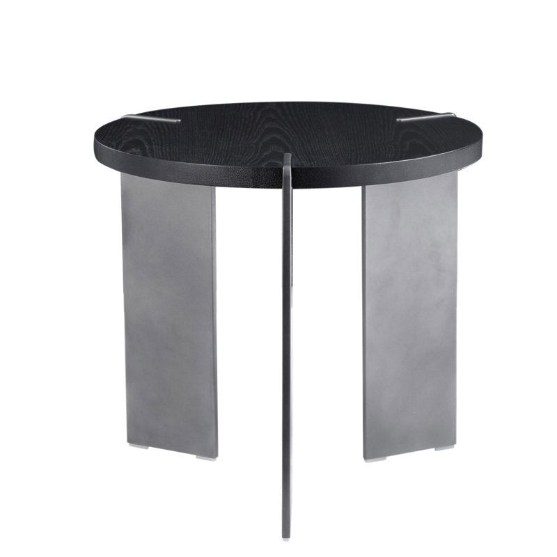 Round Coffee Table Black Oak Wood Surface And Black Metel Feet, Black, Black