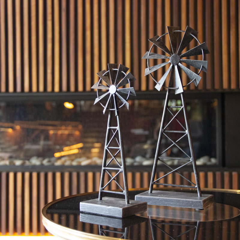 Adam & Friends Home Decor Metal Windmills (Large & Small) Sculpture | 2-Piece | Pewter