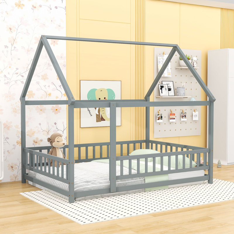 Wooden House Roof Floor Bed With Fence Design, Gray, Full