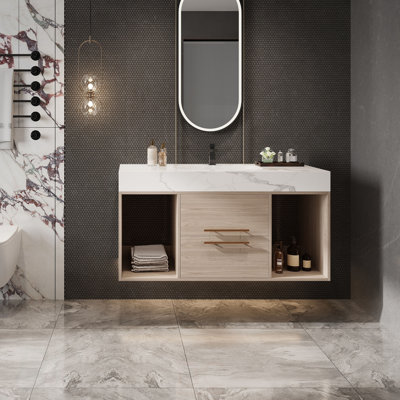 Meuble-lavabo simple 35,4 po Mid-Century avec lavabo encastré en céramique intégré