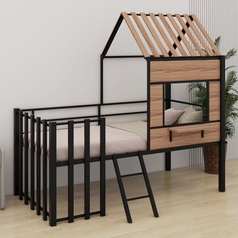 Metal Loft Bed With Roof, Window, Guardrail, Ladder, Black