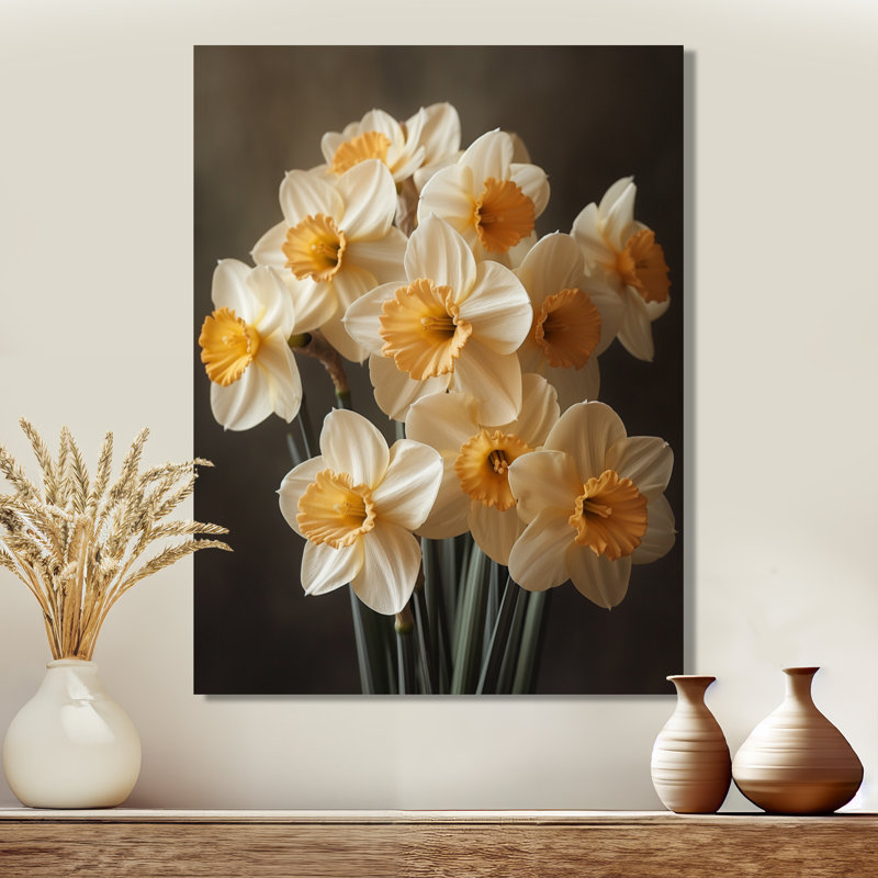 Blanc, jaune, soleil, éclaboussures, jonquilles, jonquilles, art mural, salon, H 12 po x l 20 po, Toile tendue