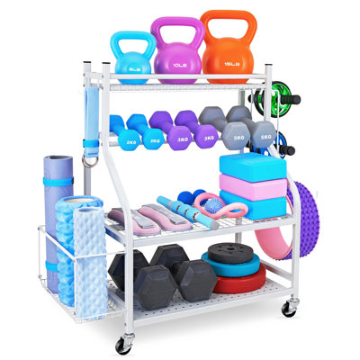 Dumbbell Rack, Yoga Mat Storage Rack - Weight Rack For Dumbbells, Home Gym Storage Rack For Yoga Mat, Dumbbells And Kettlebells, White