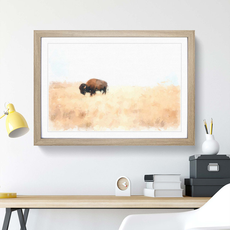 Wandering Bison in Abstract - Picture Frame Painting Print, Oak, 60cm H x 91cm W x 2cm D